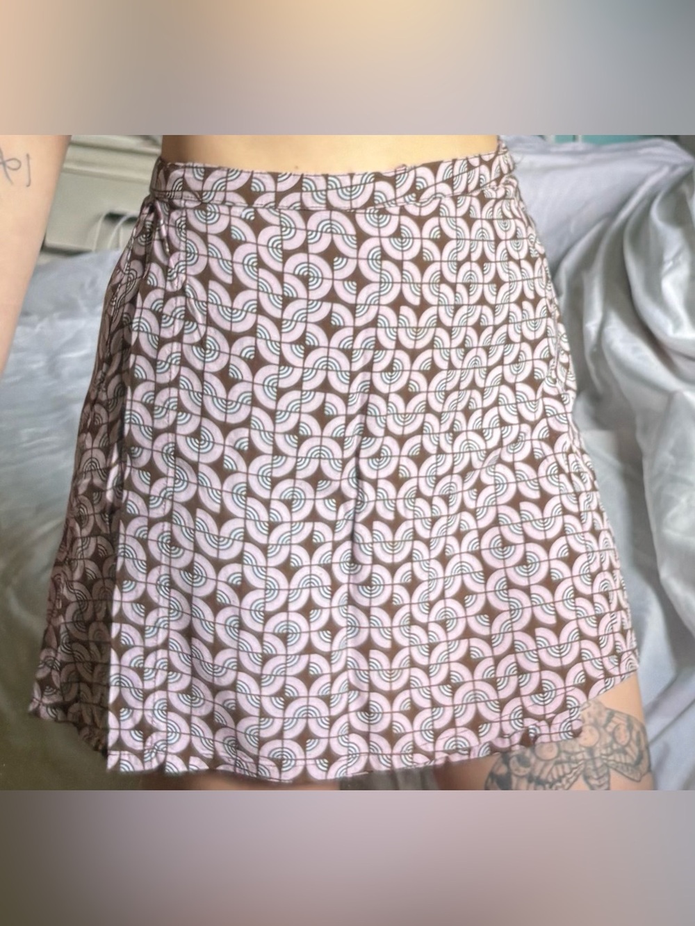 Motel Rocks Pink and Brown Geometric Skater Skirt